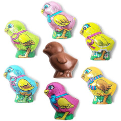Colorful foil-wrapped Madelaine chicks shown in a display
