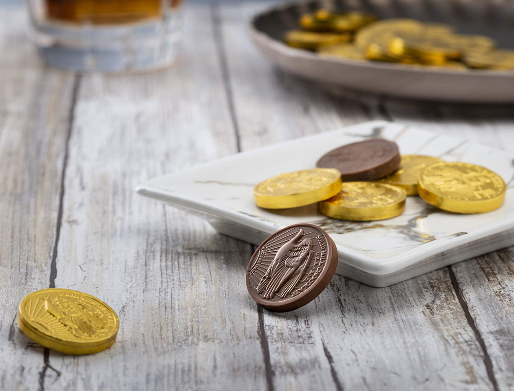 Madelaine Gold Coins shown in shiny foil for leprechaun treasure themes.