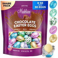 Madelaine milk chocolate eggs close-up in pack, showcasing premium quality