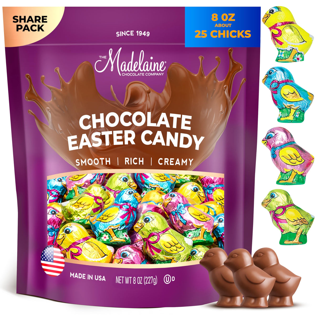 Madelaine solid milk chocolate baby chicks in colorful foils brighten Easter baskets