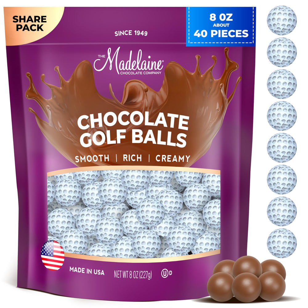 Madelaine solid milk chocolate golf ball, foil-wrapped for elegant event display and party favors.