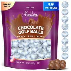 Madelaine solid milk chocolate golf ball, foil-wrapped for elegant event display and party favors.