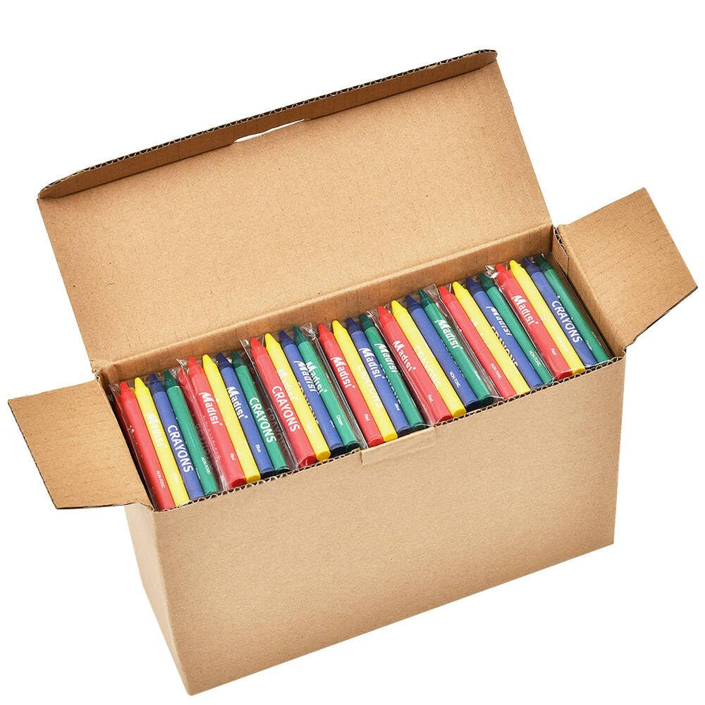 Madisi Crayons bulk pack in a box open, ideal for classroom sharing.