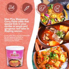 Mae Ploy Massaman paste ingredients close-up, aromatic herbs boost curry aroma