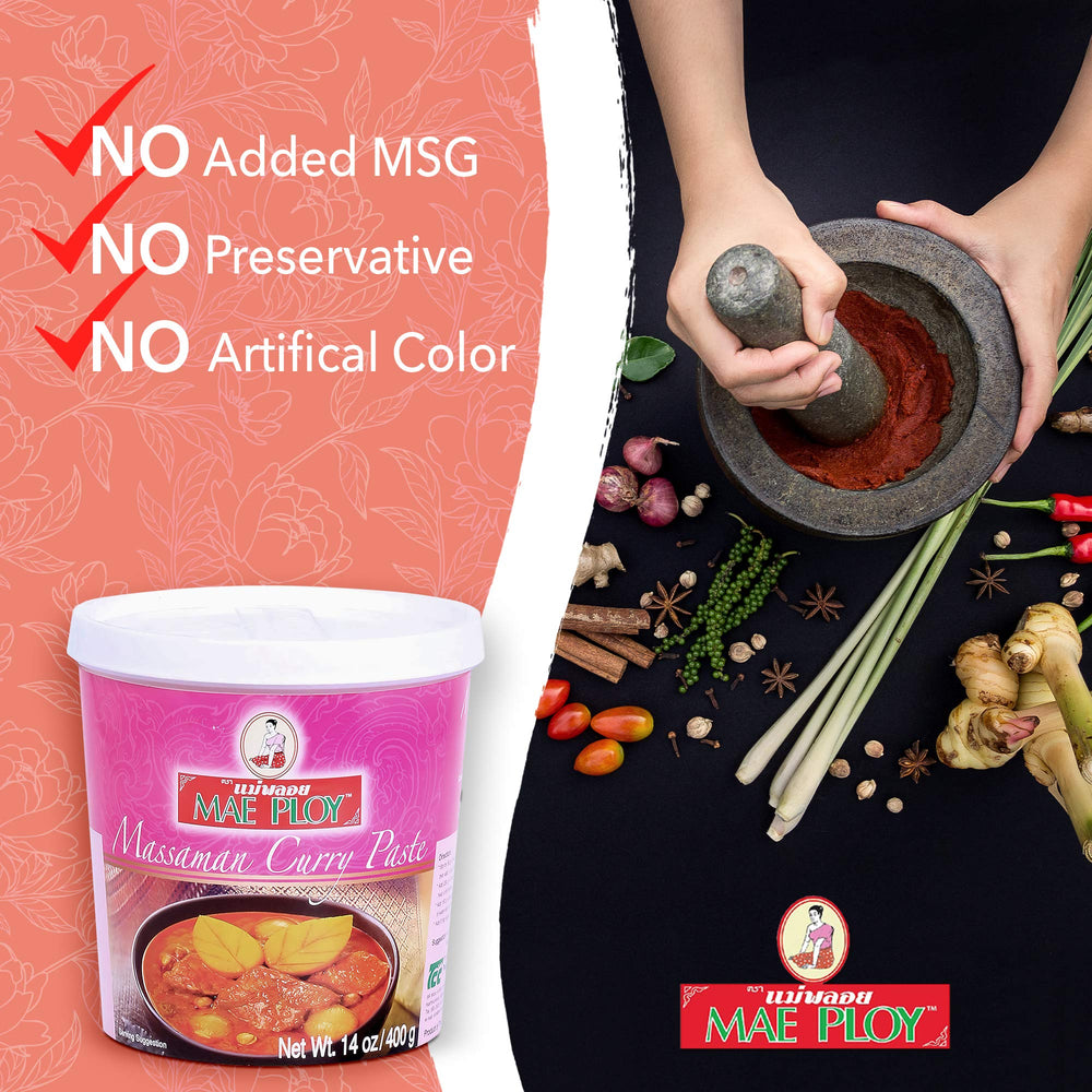 Mae Ploy Massaman paste simmered curry pot releasing savory aroma