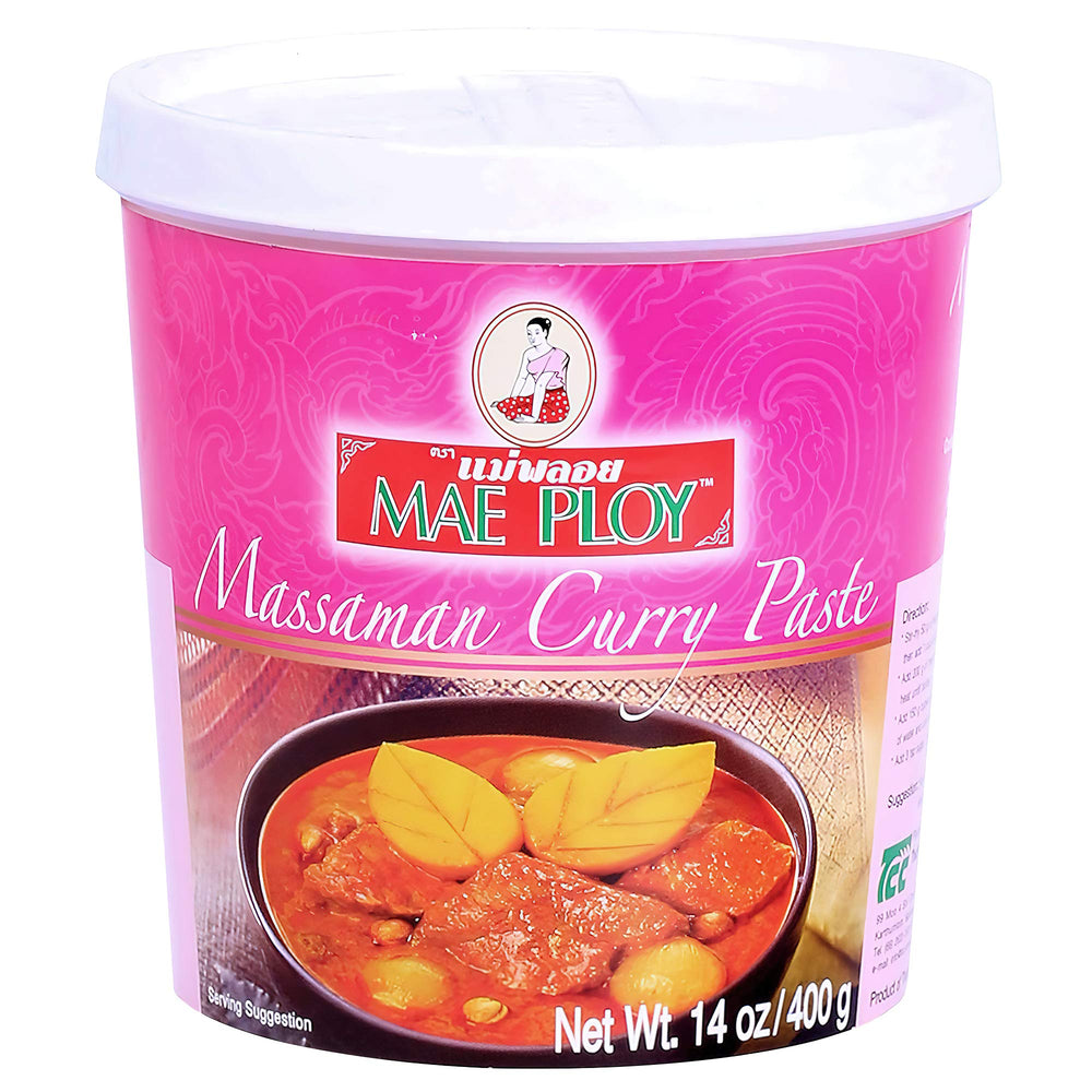Mae Ploy Massaman paste tub ready for authentic Thai curry at home, richer flavor depth