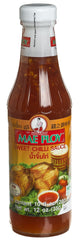 Mae Ploy Sweet Chili Sauce bottle pour, ideal dipping sauce and versatile condiment for meals.