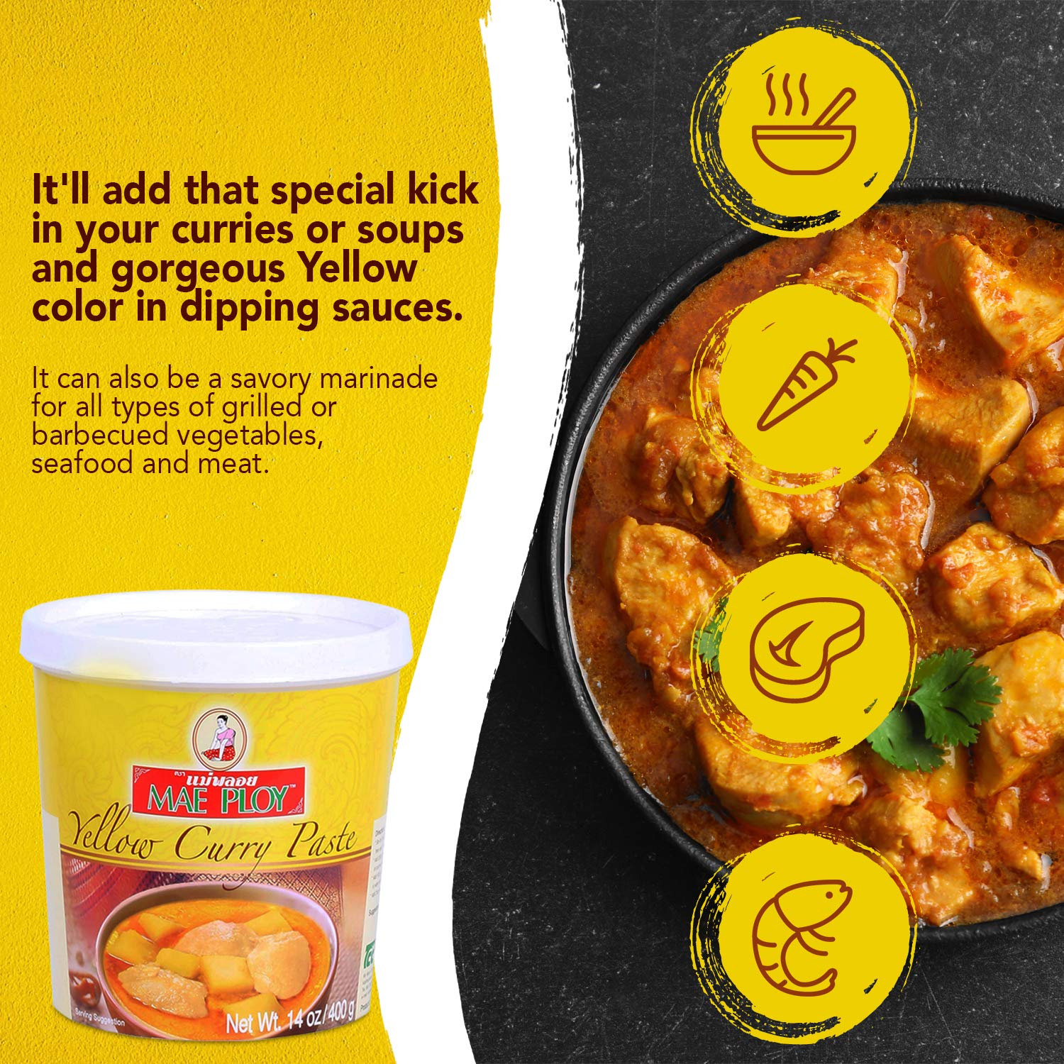 Mae Ploy Yellow curry paste in a cooking pot ready to simmer.