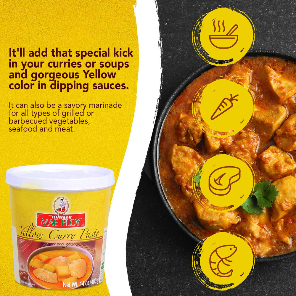 Mae Ploy Yellow curry paste in a cooking pot ready to simmer.