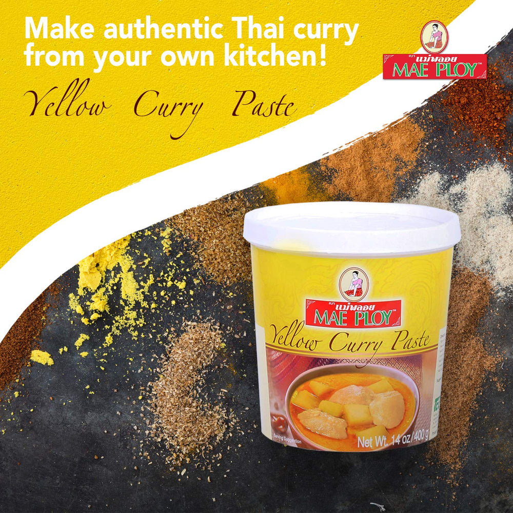 Mae Ploy Yellow curry paste ingredients closeup highlights lemongrass and herbs.