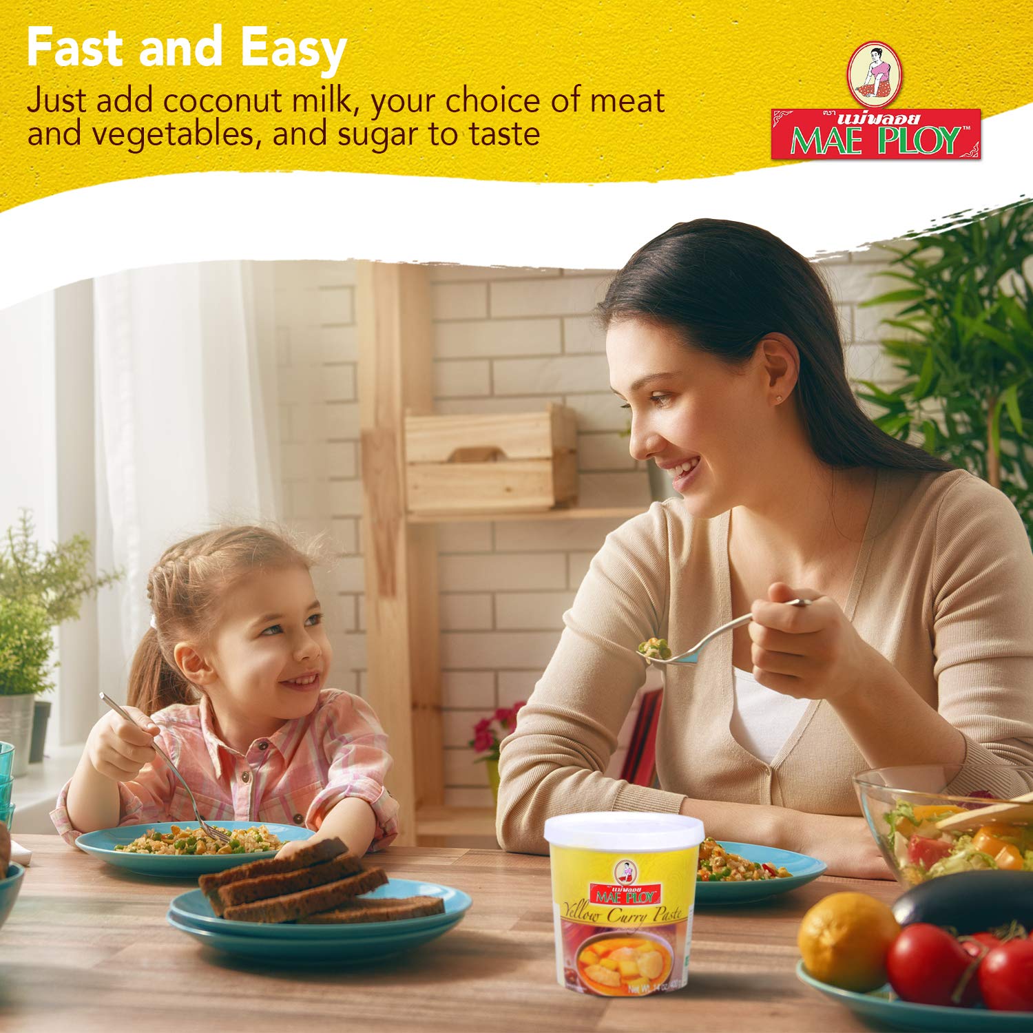 Mae Ploy Yellow curry paste resealable tub for convenient storage.