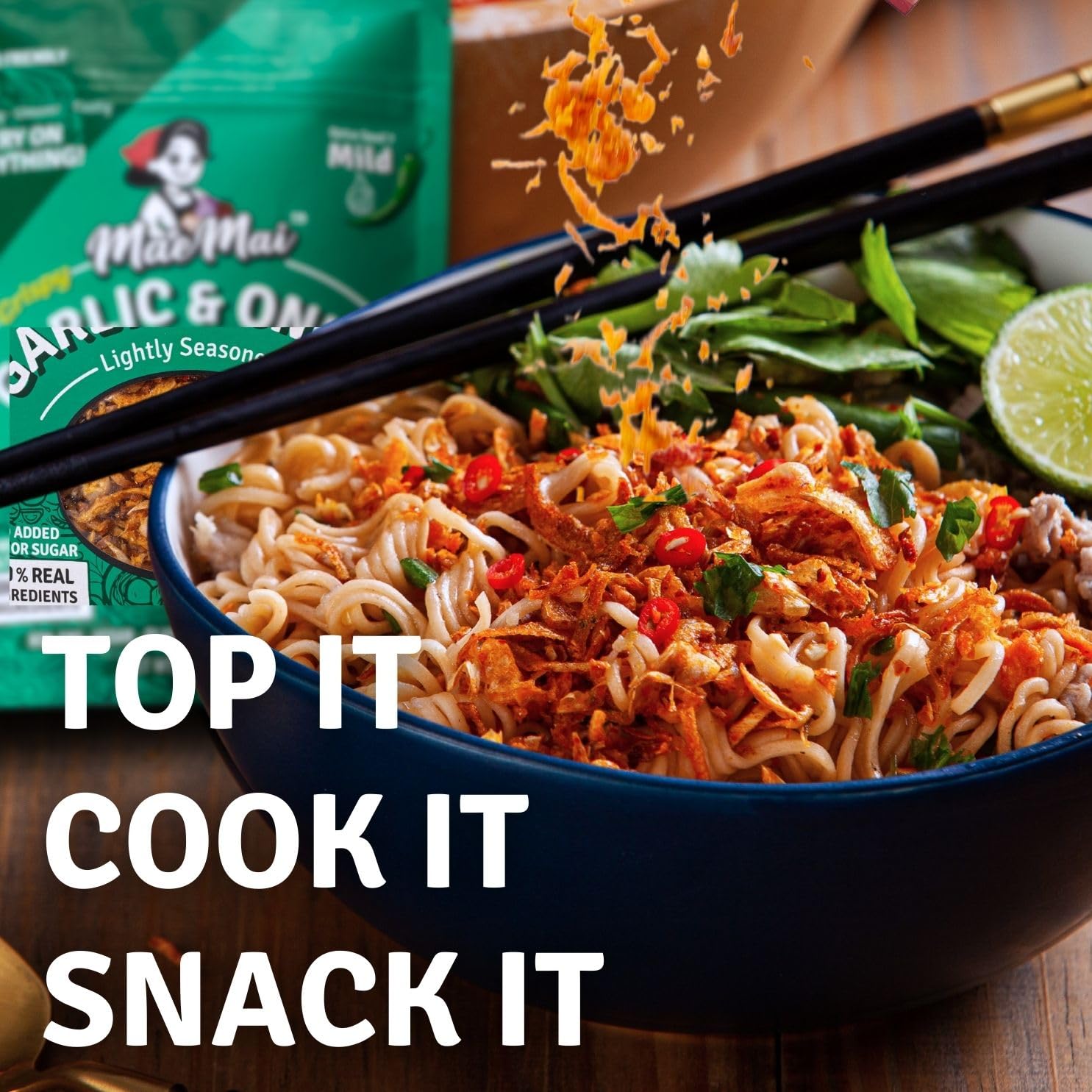 MaeMai Chili Crisp dusting on a rice bowl for easy flavor boost.