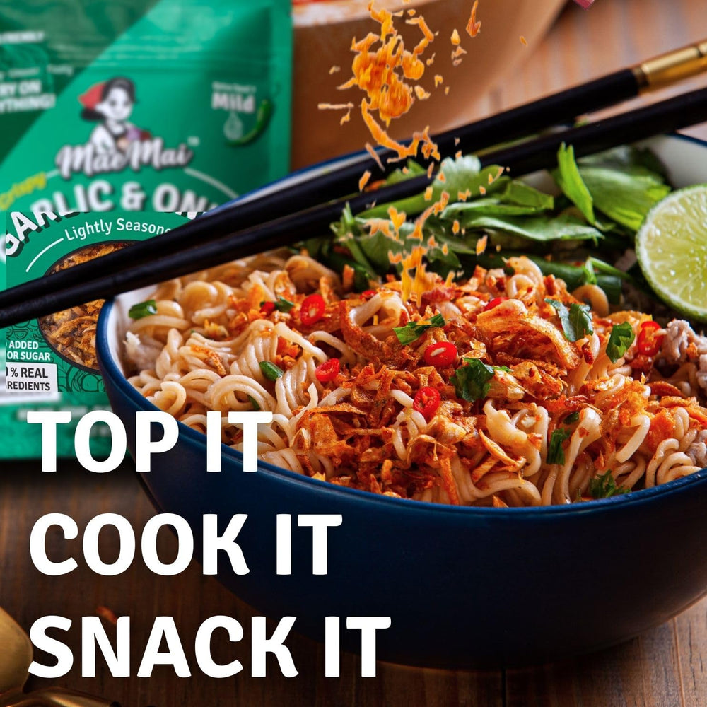 MaeMai Chili Crisp dusting on a rice bowl for easy flavor boost.