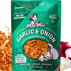 MaeMai Chili Crisp bottle front with onion and garlic flakes for versatile flavor.