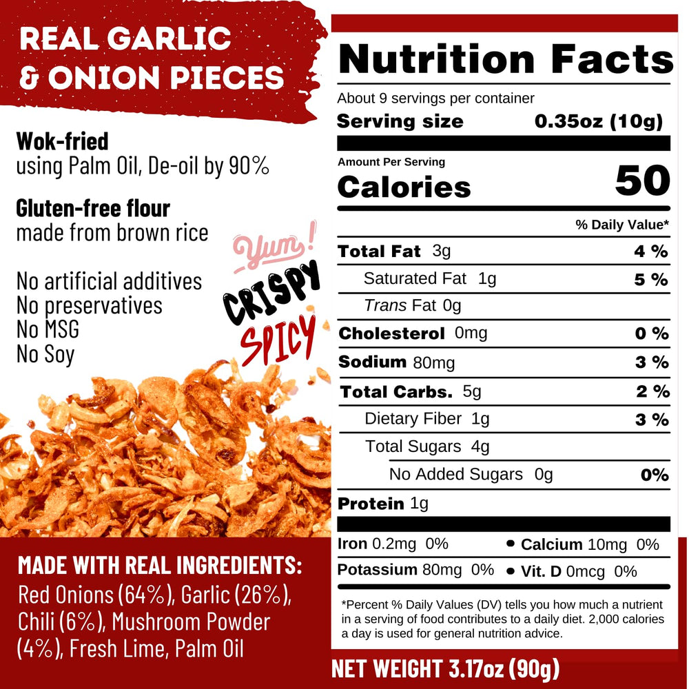 MaeMai crispy onion garlic flakes closeup emphasizes light texture and addictive heat.