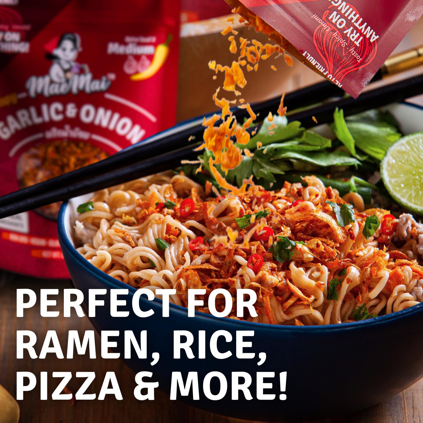 MaeMai hand peeled garlic and onions image highlights real ingredients for flavorful toppings.
