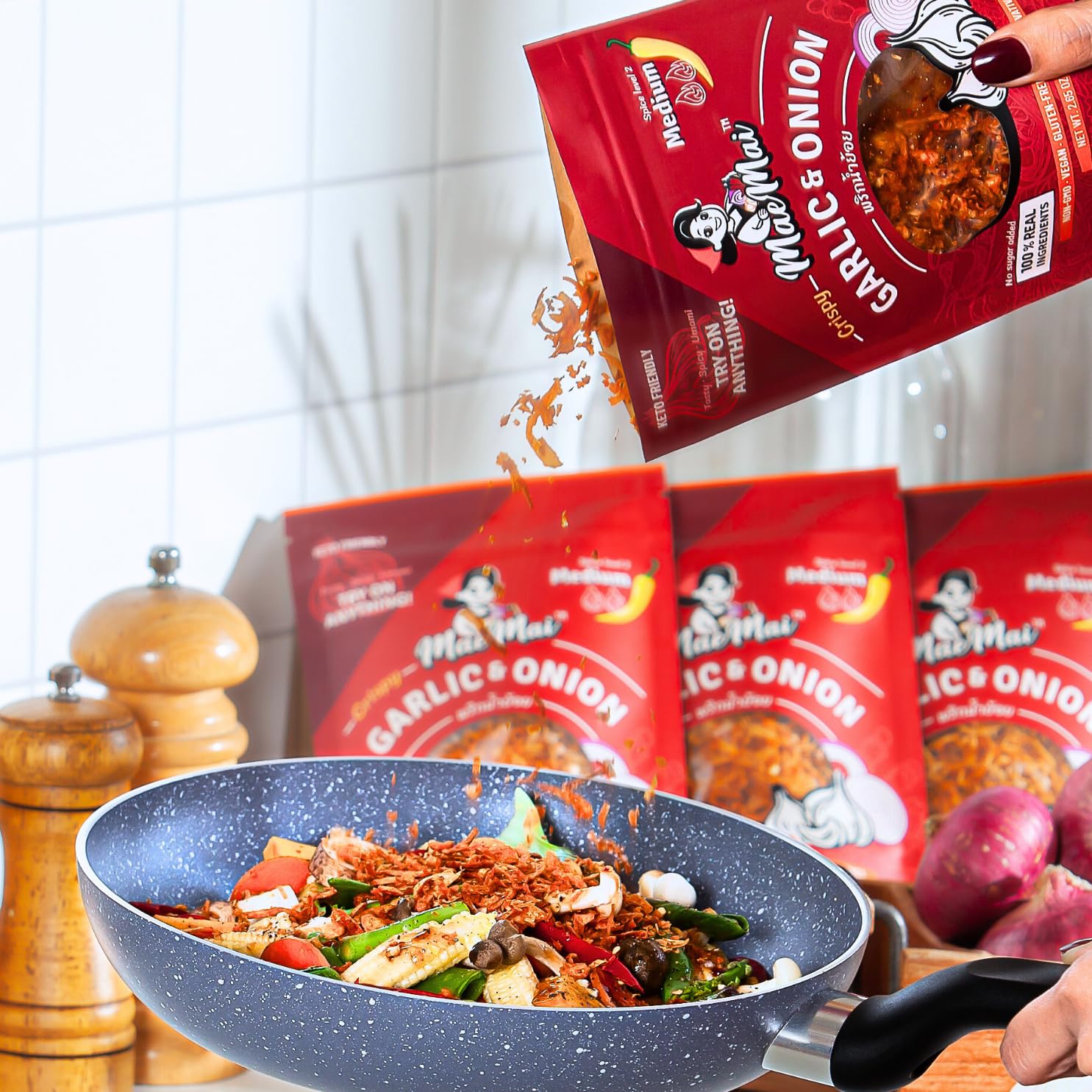 MaeMai kitchen scene with spice bin conveys premium, preservative-free seasoning.