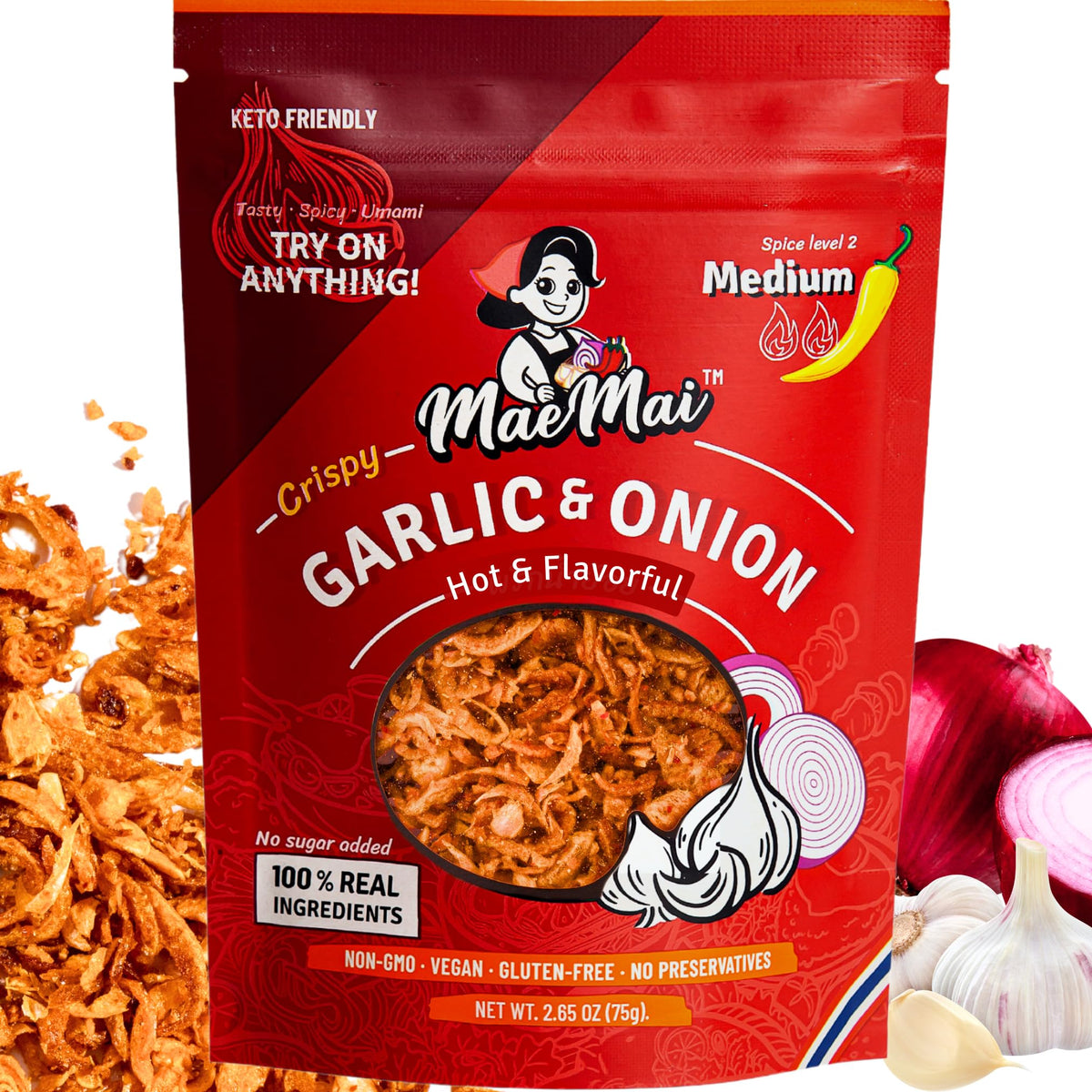 MaeMai Medium Spice bottle pour shows bold, fiery crunch for ramen and rice.