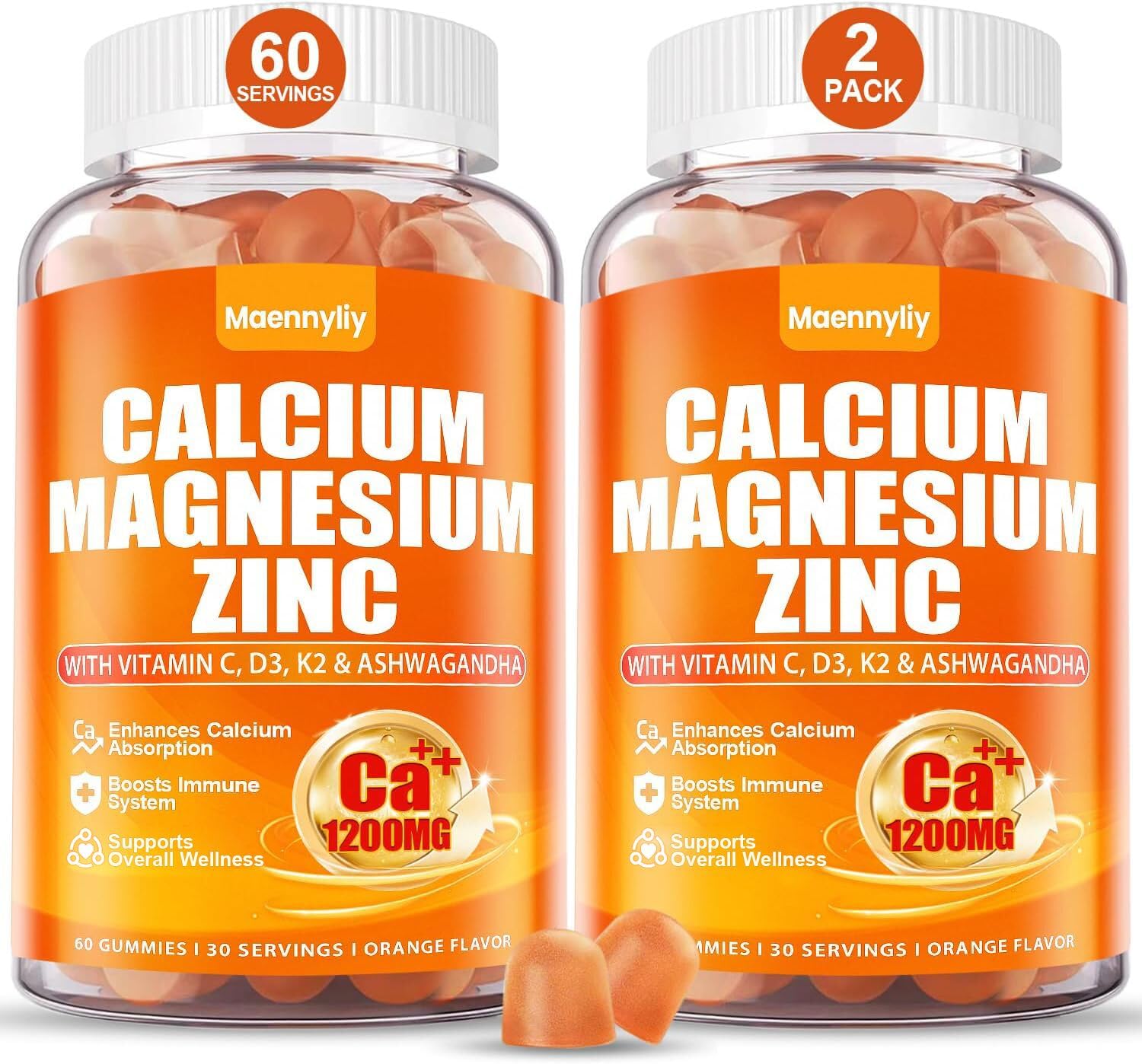 Maennyliy Calcium 1200 mg bottle with orange gummies for easy daily intake.