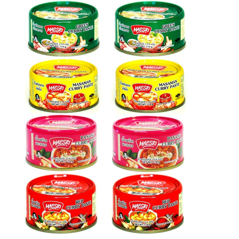 Maesri 8-pack curry paste front view for quick Thai meals.