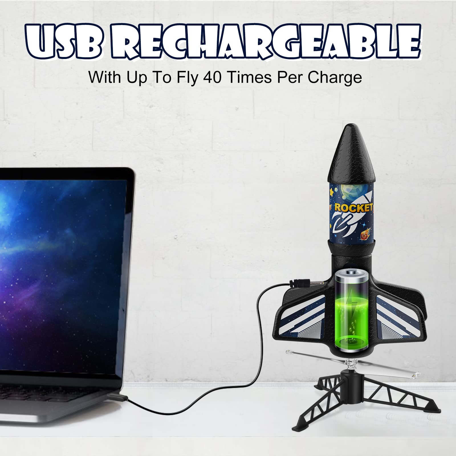 Mafbeanl rocket's rechargeable battery enables multiple flights after charging.