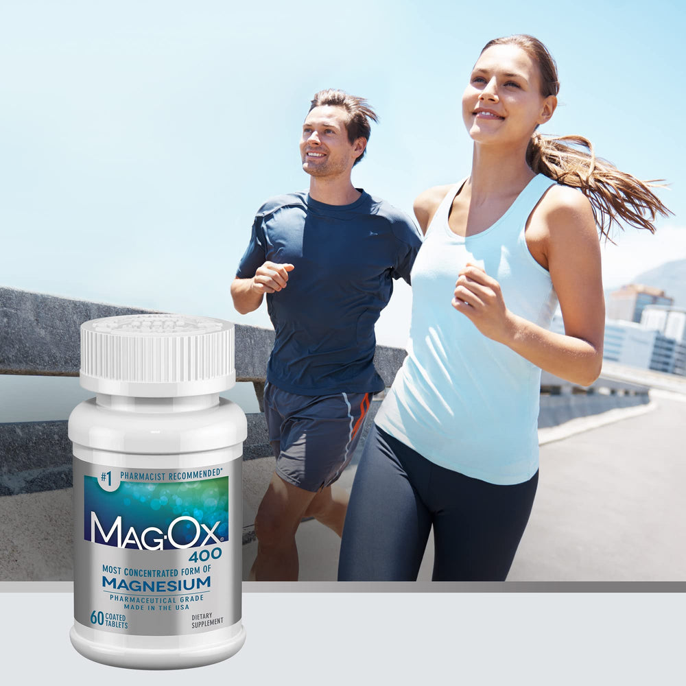 Mag-Ox 400 with food shows recommended intake for best absorption.