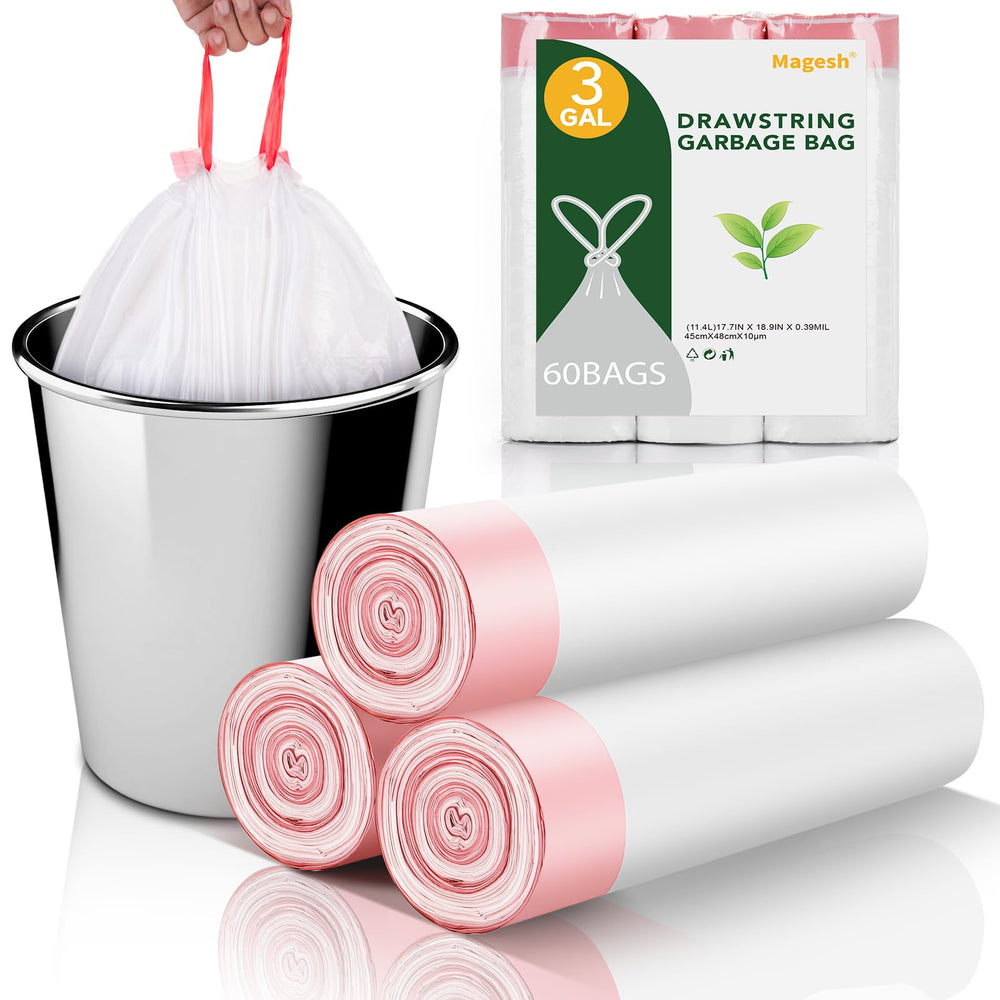 Magesh 3-gallon bathroom trash bag with drawstring for mess-free disposal