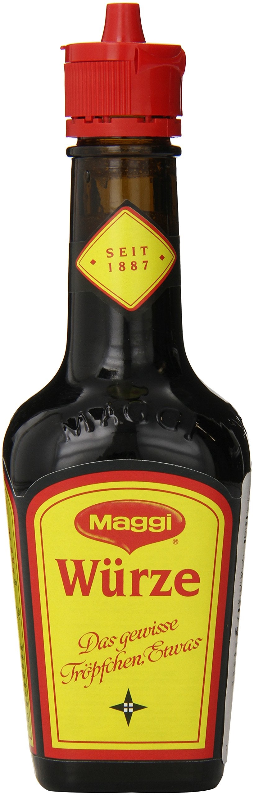 Maggi Liquid Seasoning bottle closeup for rich, versatile flavor enhancement.