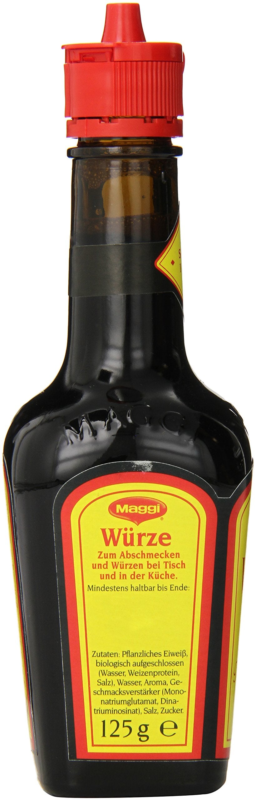Maggi Liquid Seasoning glass bottle on kitchen counter for everyday flavoring.