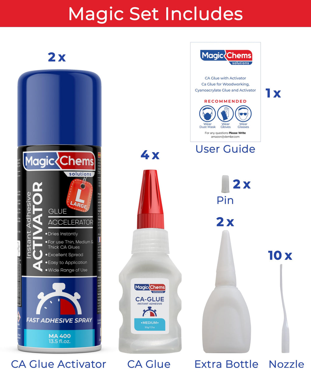 Magic Chems CA Glue with Activator highlights 2000 cps viscosity for controlled gel-like application