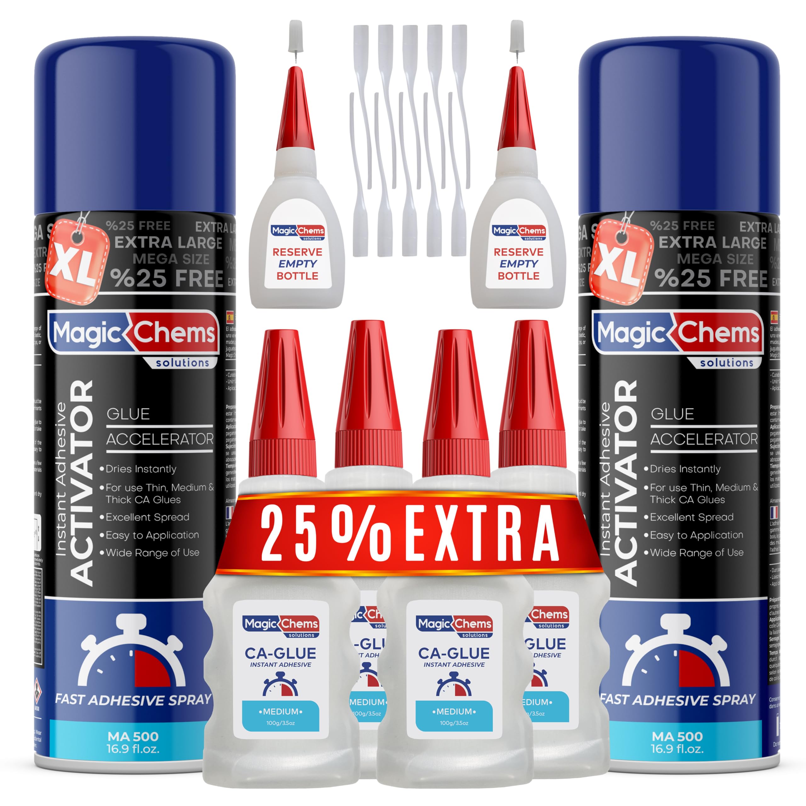 Magic Chems CA Glue with Activator bottle pour enables precise, controlled bonding.
