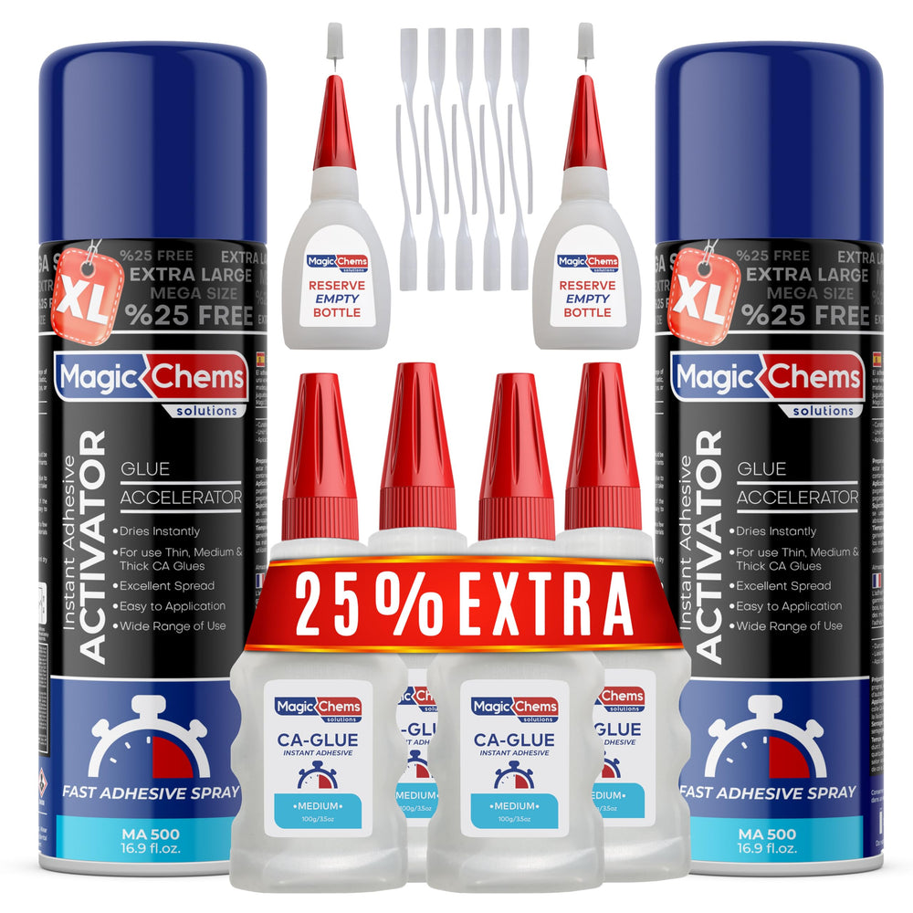 Magic Chems CA Glue with Activator bottle pour enables precise, controlled bonding.