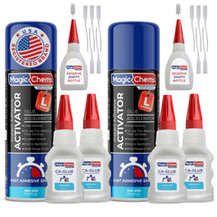 Magic Chems CA Glue with Activator bottle pour demonstrates fast bonding action for quick repairs
