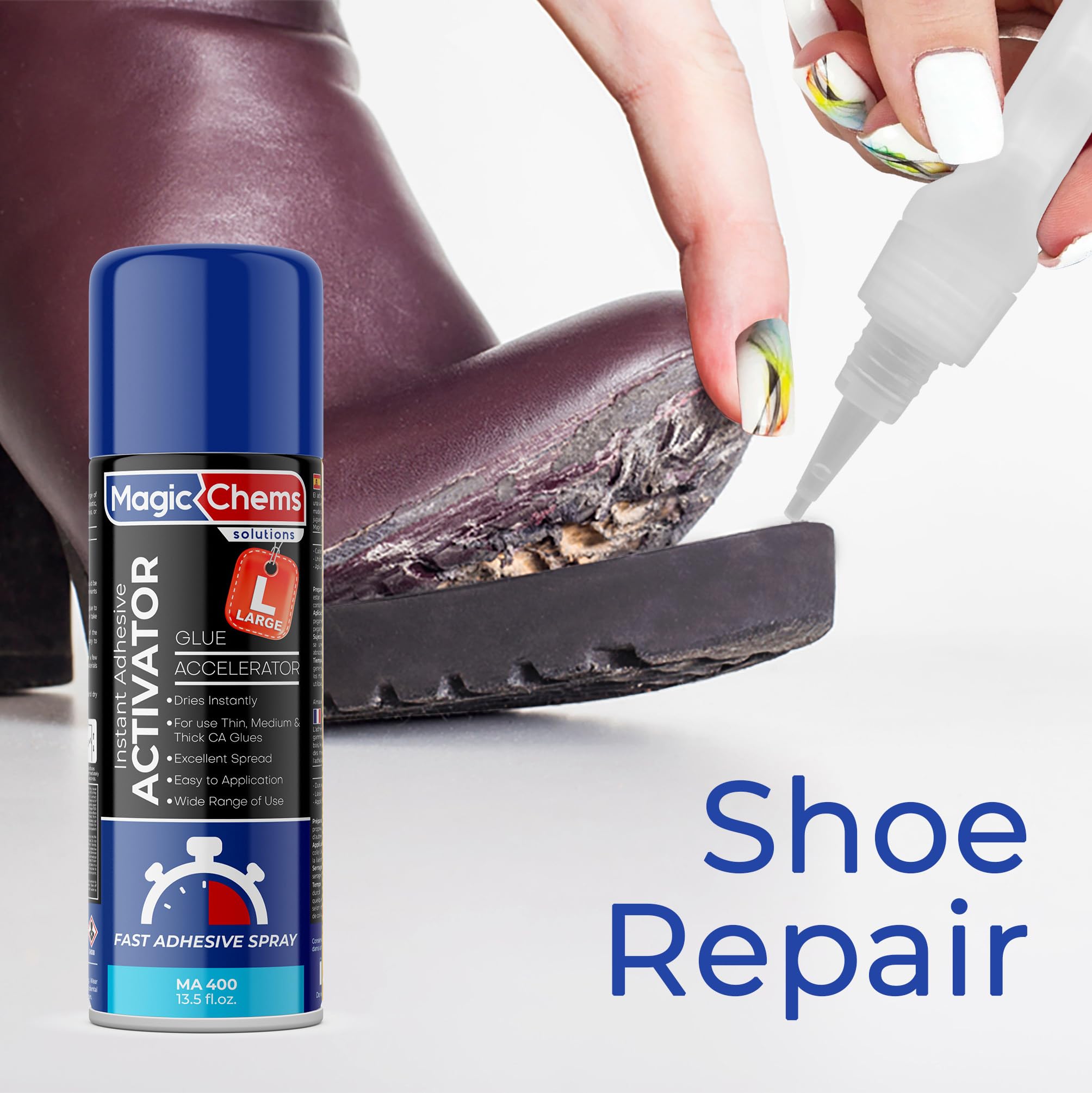 Magic Chems CA Glue with Activator supports shoe repair tasks