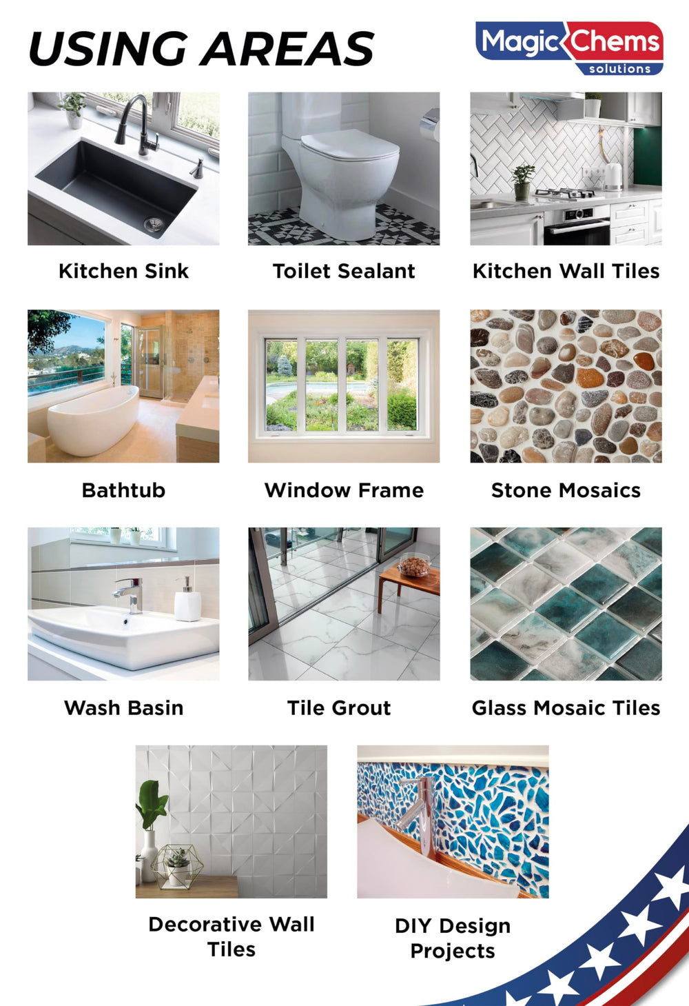 Magic Chems grout adherence detail showing flexible, easy-to-apply grout in tubes