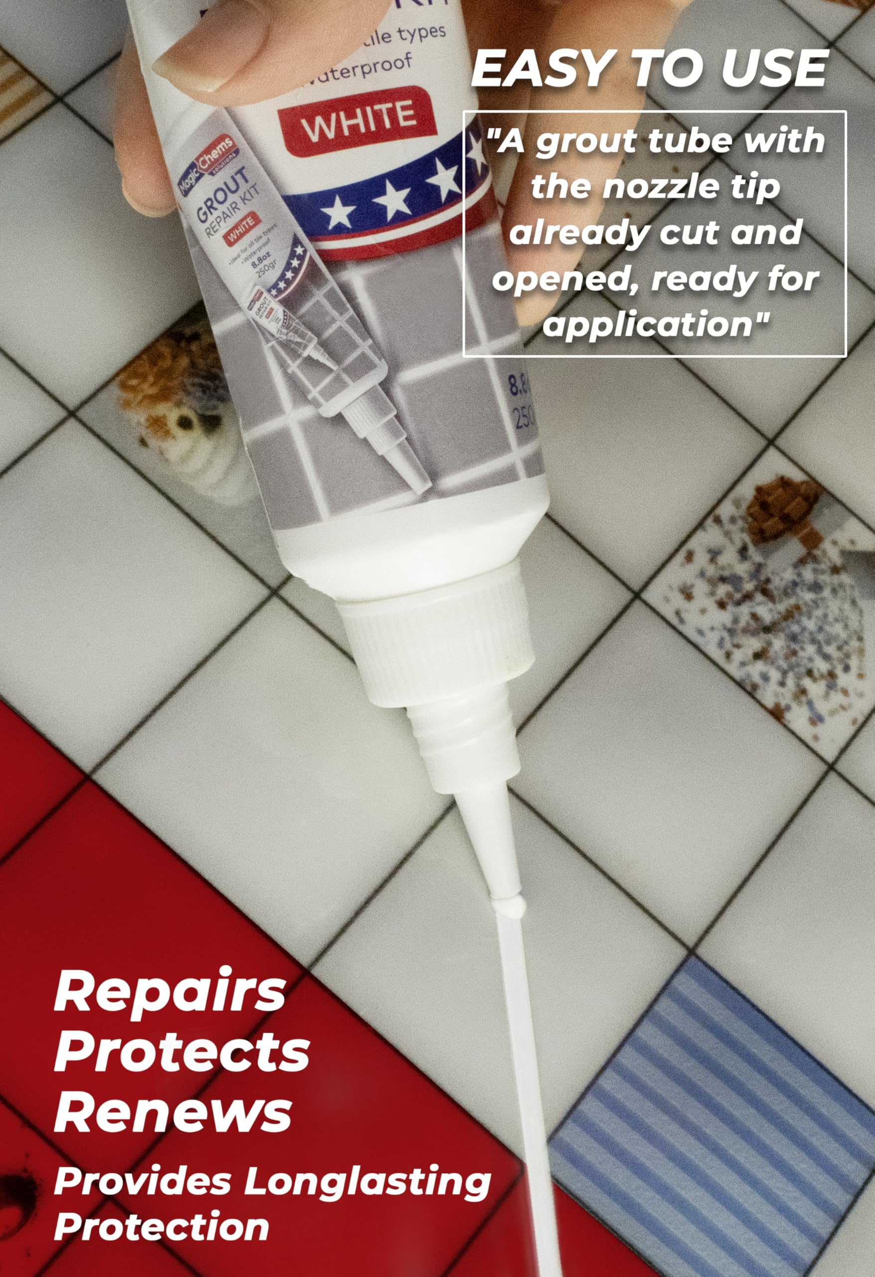 Magic Chems grout repair kit packaging shows all in one tile care solution.
