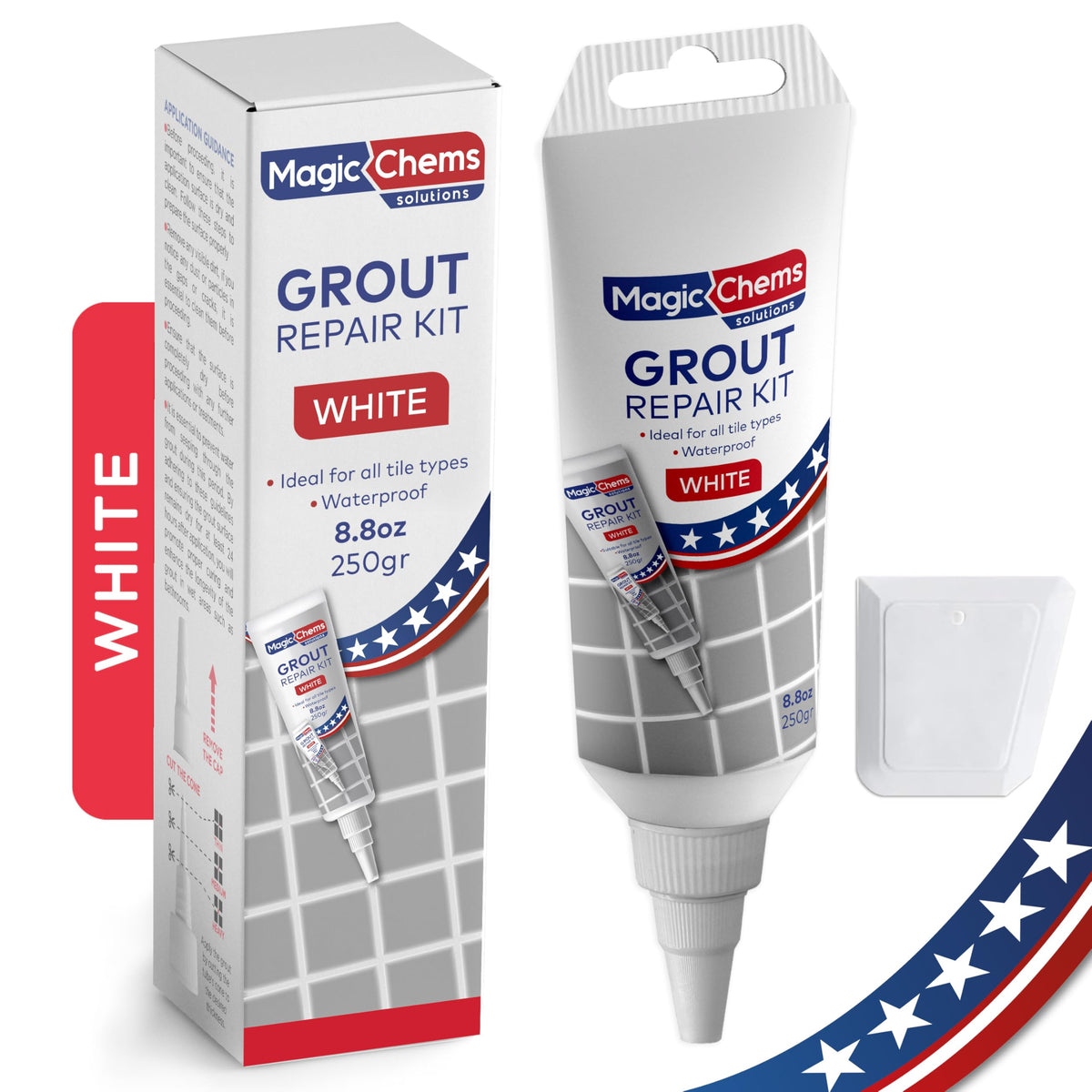 Magic Chems grout repair kit tube-application for precise, mess-free restoration.