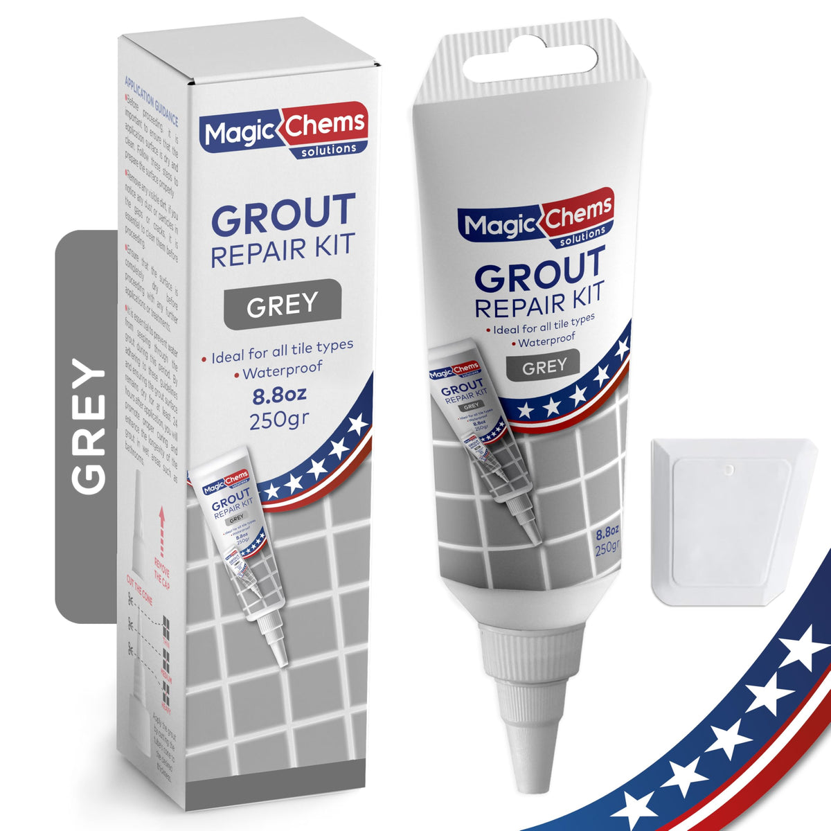 Magic Chems grout repair tube close-up for precise, long-lasting grout refresh