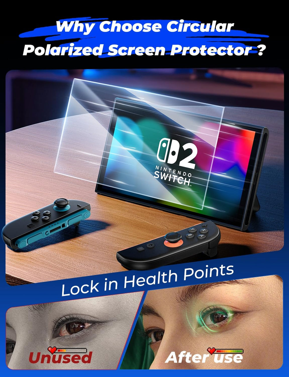 Magic John Switch 2 blue-light filter protector minimizes blue light for focused gaming