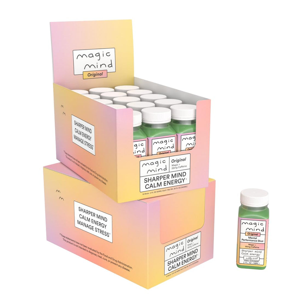 Magic Mind focus energy shot bottle shows smooth, jitter-free focus for busy professionals.