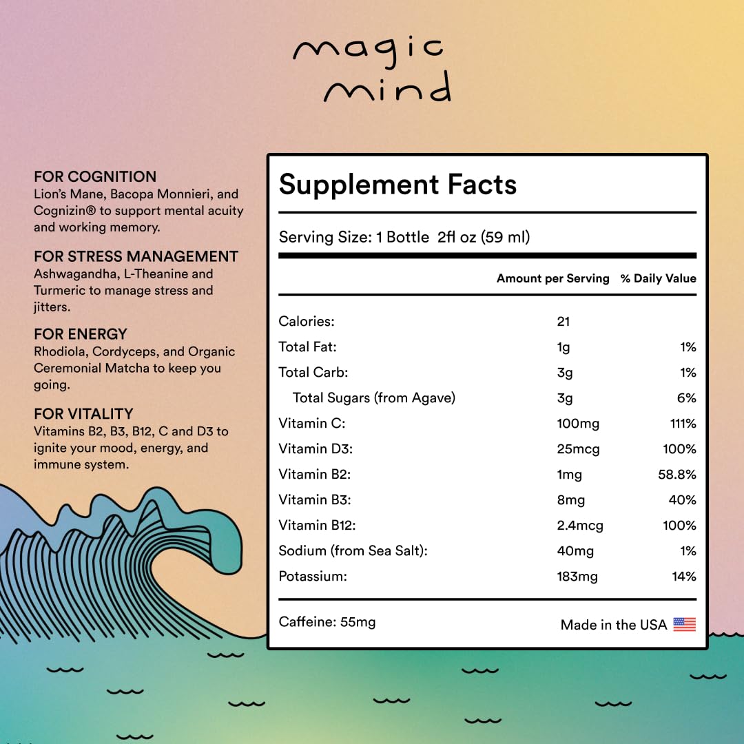 Magic Mind Focus Energy Shot label highlights premium ingredients for focus