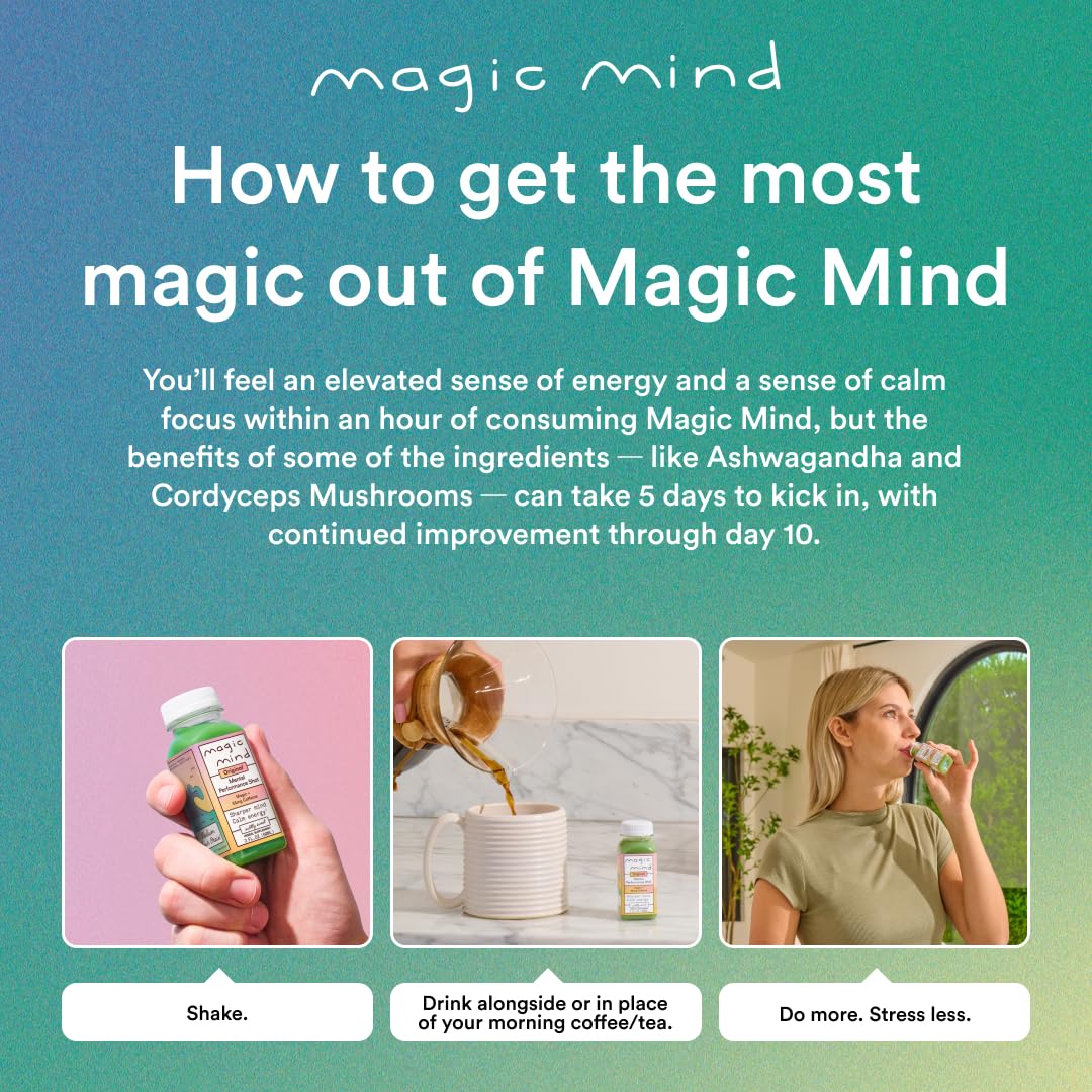 Magic Mind ingredients graphic highlights Lions Mane and adaptogens for focus.
