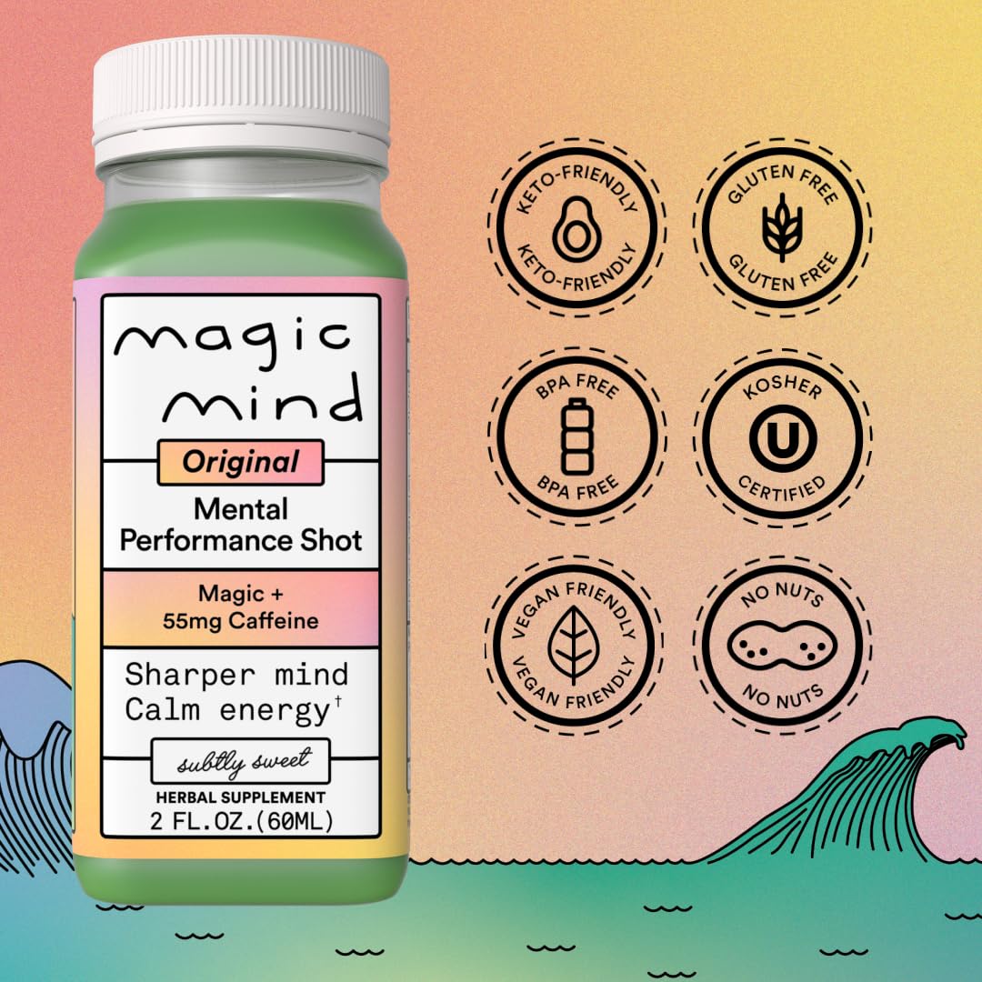 Magic Mind label closeup highlights clean ingredients and modern branding.
