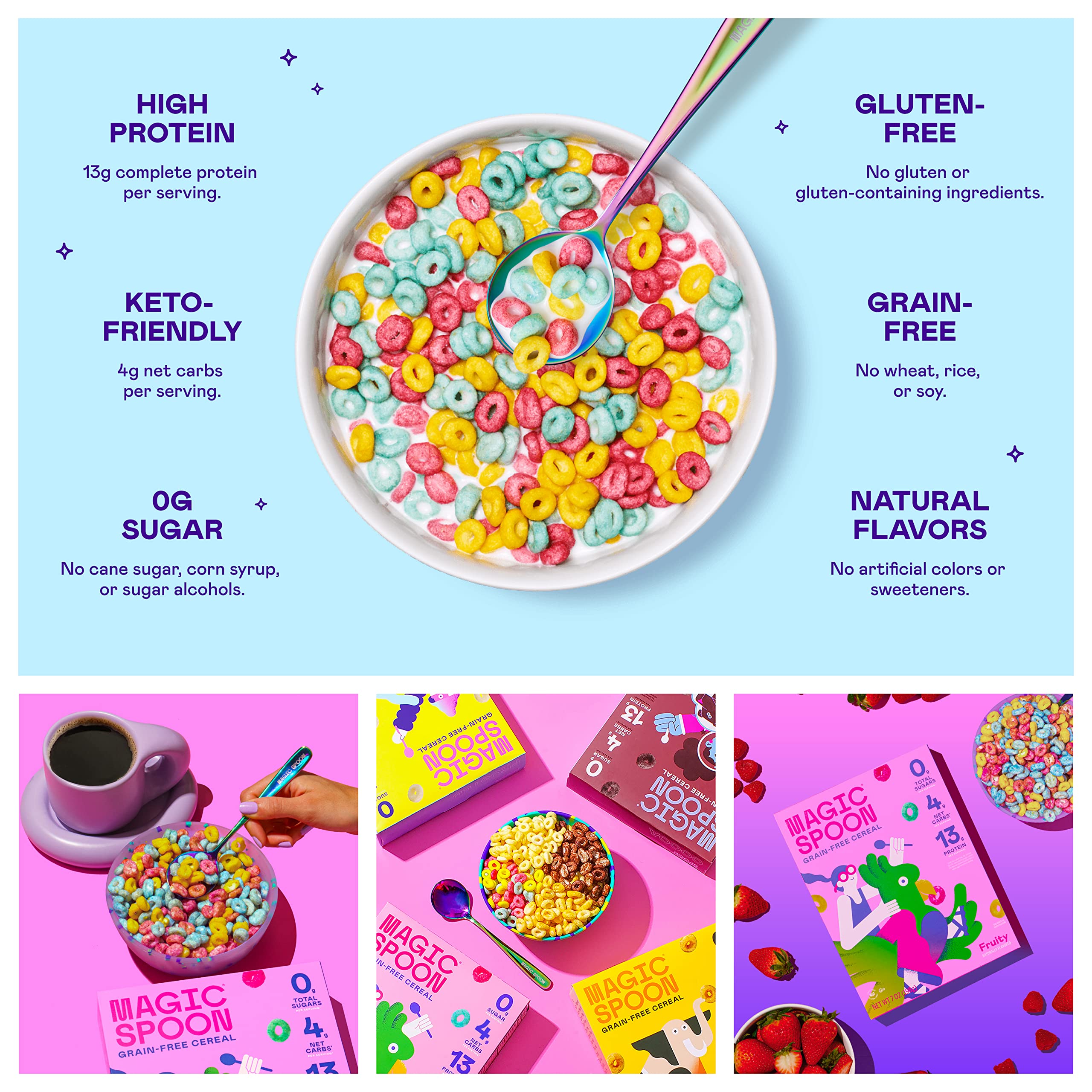 Magic Spoon Fruity cereal close-up texture: crunchy, gluten-free grains.