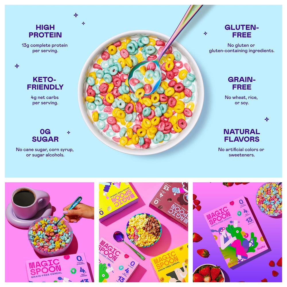 Magic Spoon Fruity cereal close-up texture: crunchy, gluten-free grains.