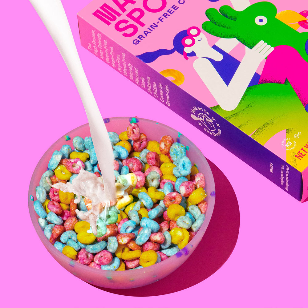 Magic Spoon Fruity cereal milk pour: sugar-free creaminess.