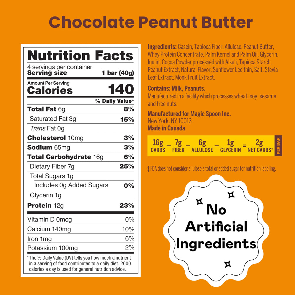 Magic Spoon Treats bar chocolate peanut butter unwrapped — quick post-workout protein.