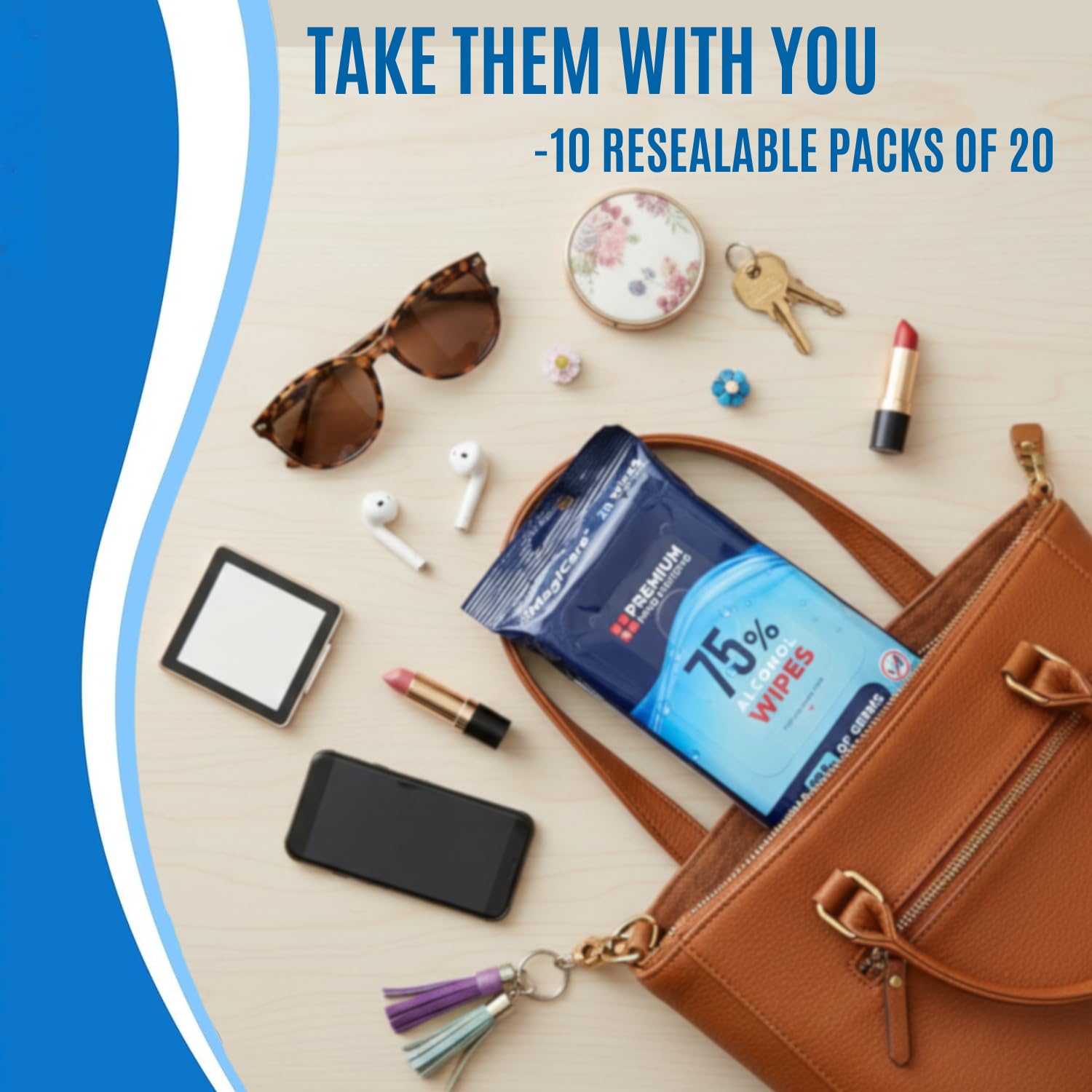 MagiCare 75% alcohol wipes for quick surface cleaning while traveling.