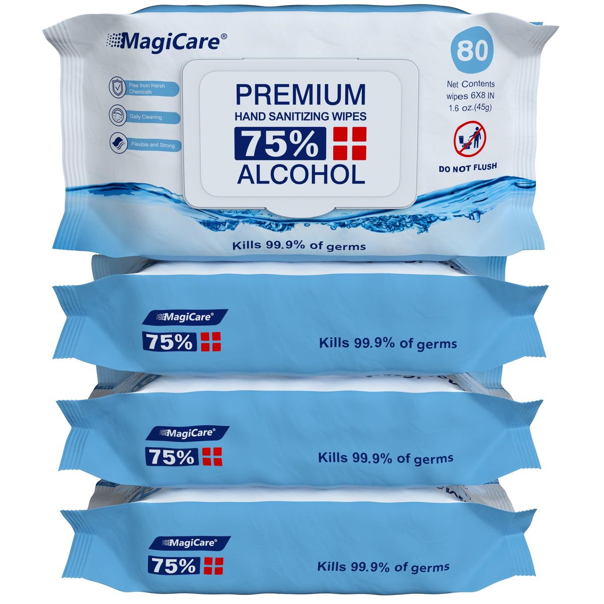 MagiCare 75% wipes four-pack display for convenient on-the-go sanitizing.