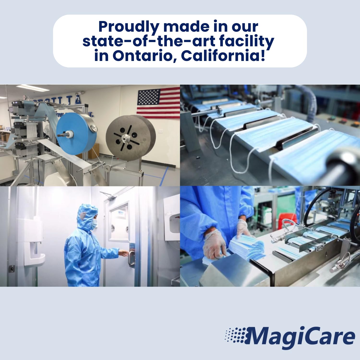 MAGICARE blue face mask worn by an adult demonstrates comfortable everyday use.